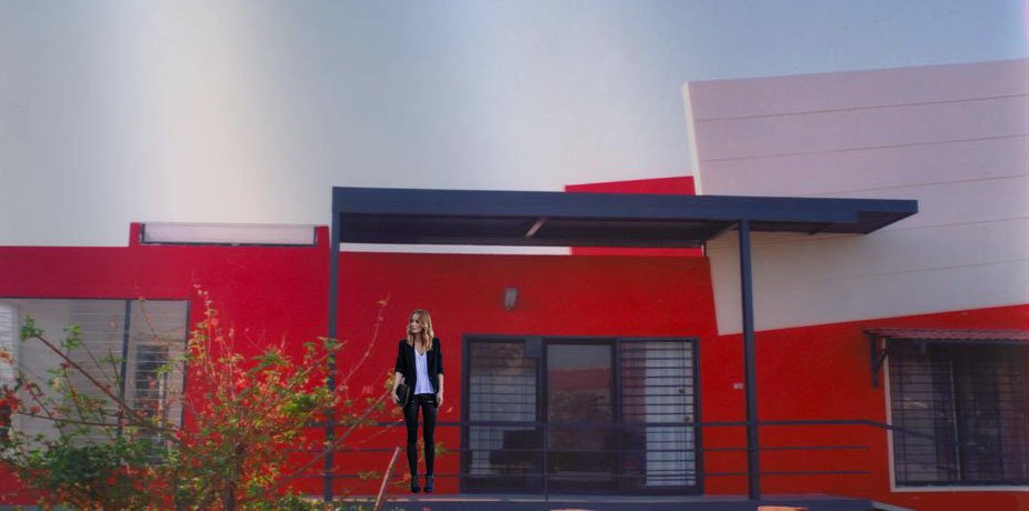 Red & White — red-and-white residence with cantilevered entrance canopy