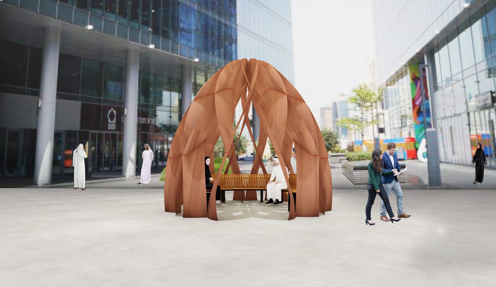 ABWAB timber petal pavilion in the Dubai Design District plaza