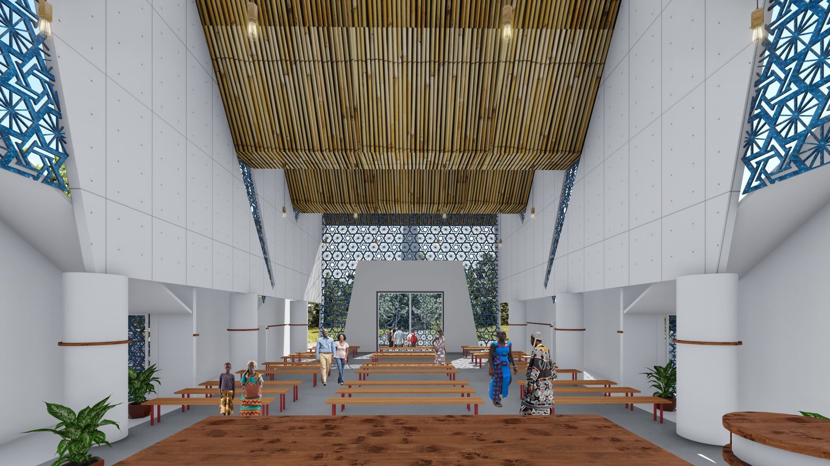 Hand-woven reed ceiling interior