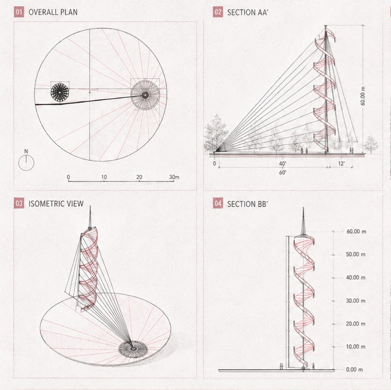 Plans, sections and isometric of the sculpture