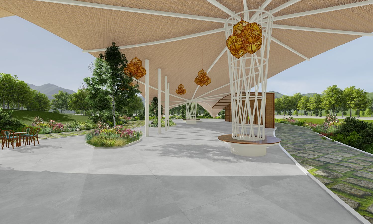 Decked threshold beneath the canopy