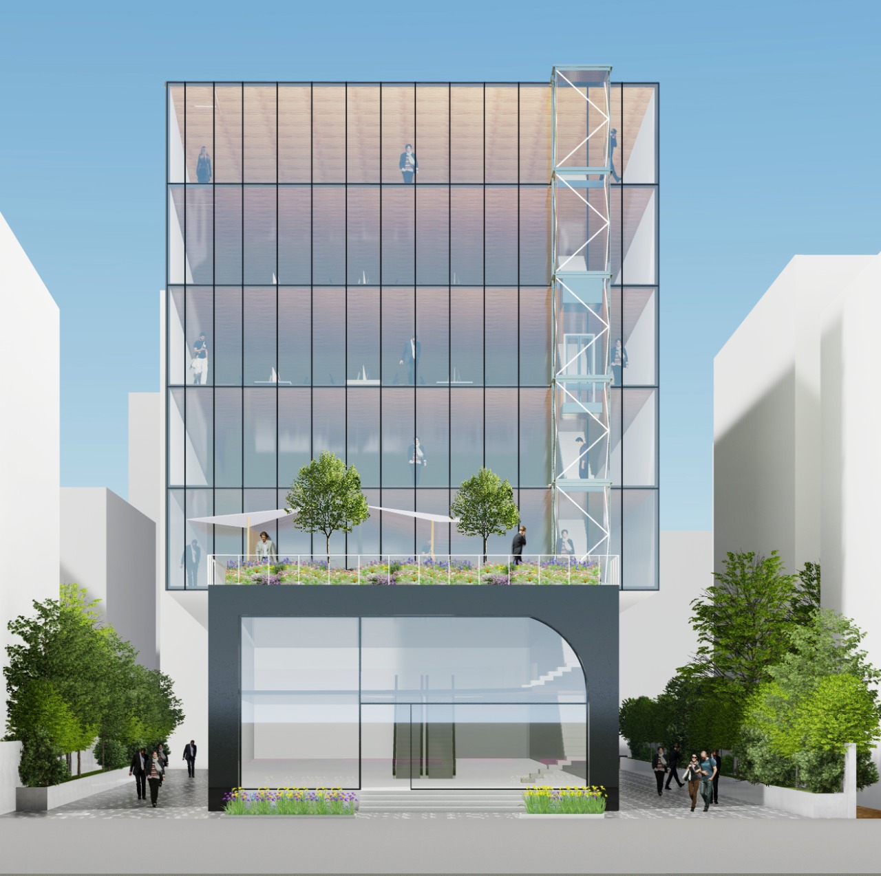 Attibele — glazed retail-and-office elevation with rooftop garden