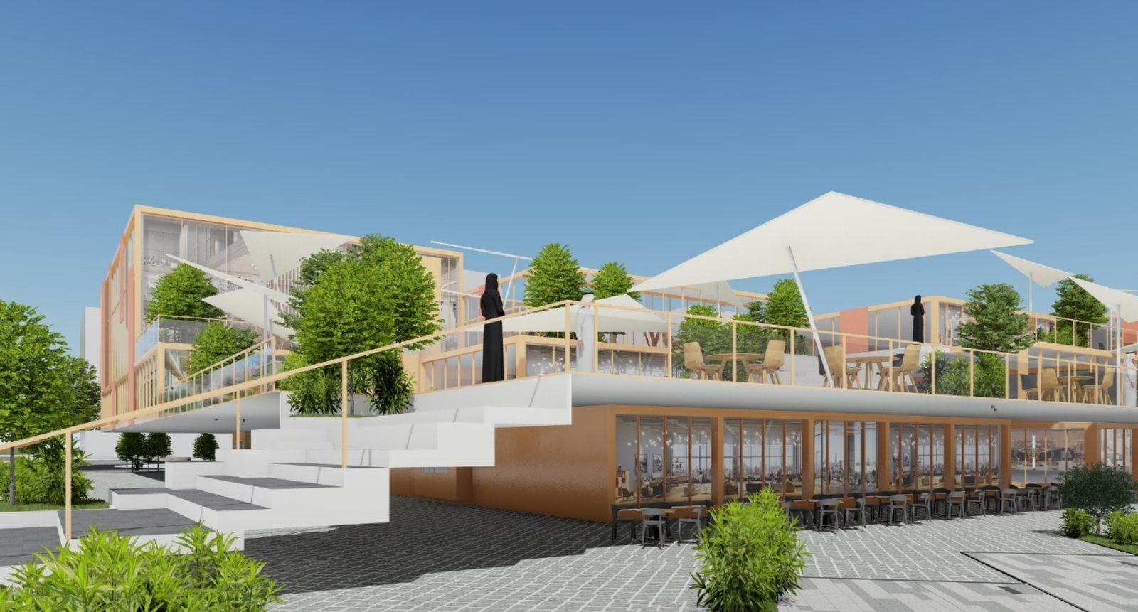 Dammam — stepped terraces with shade sails and café