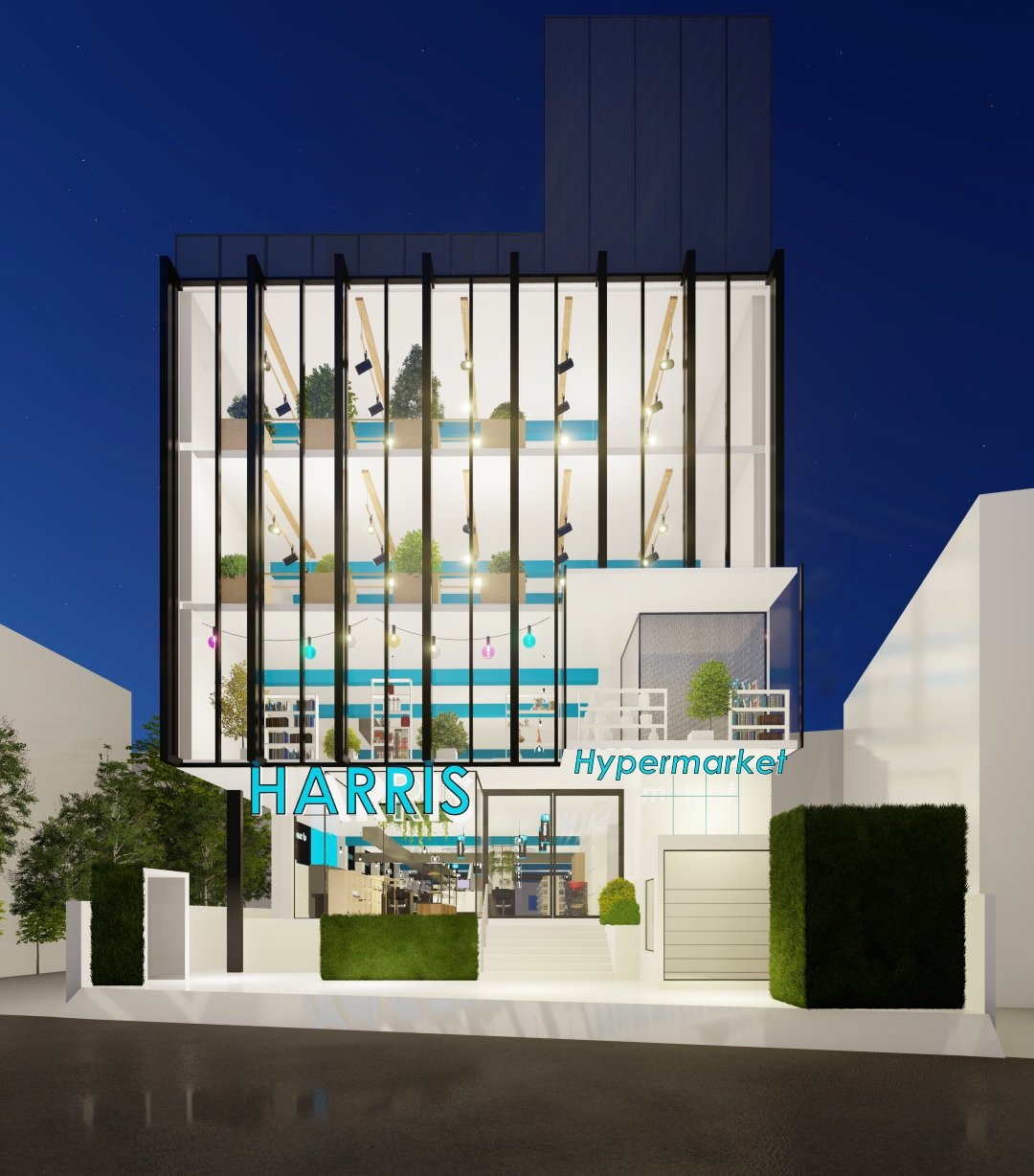 Harris — illuminated Hypermarket night elevation