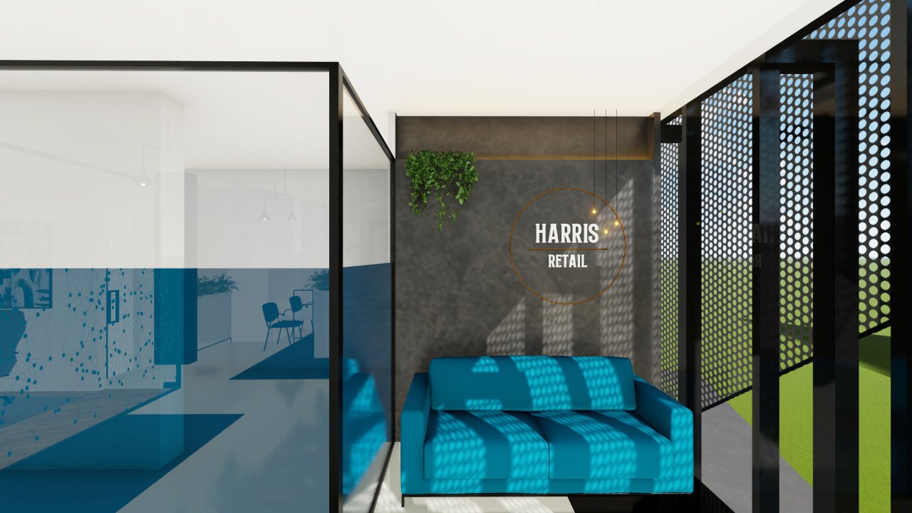 Harris — retail lounge with branded feature wall