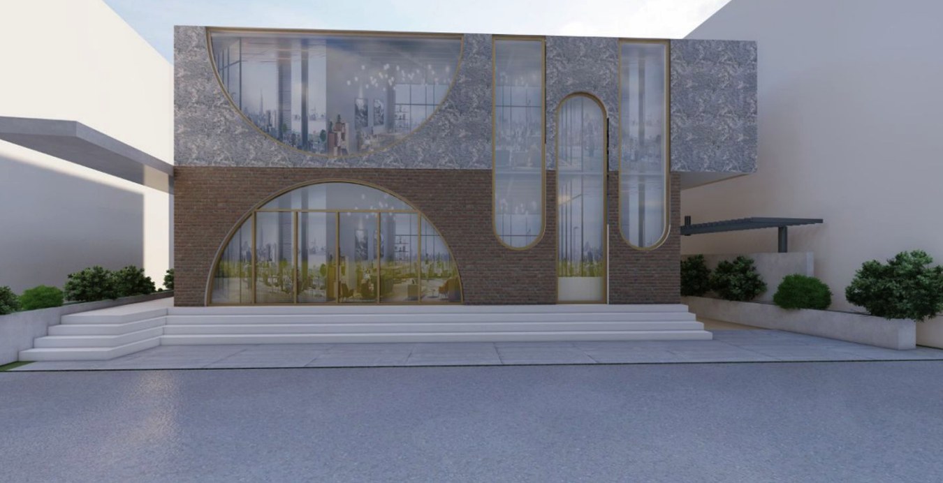 Deepaks Complex — façade with grand arch and arched vertical windows