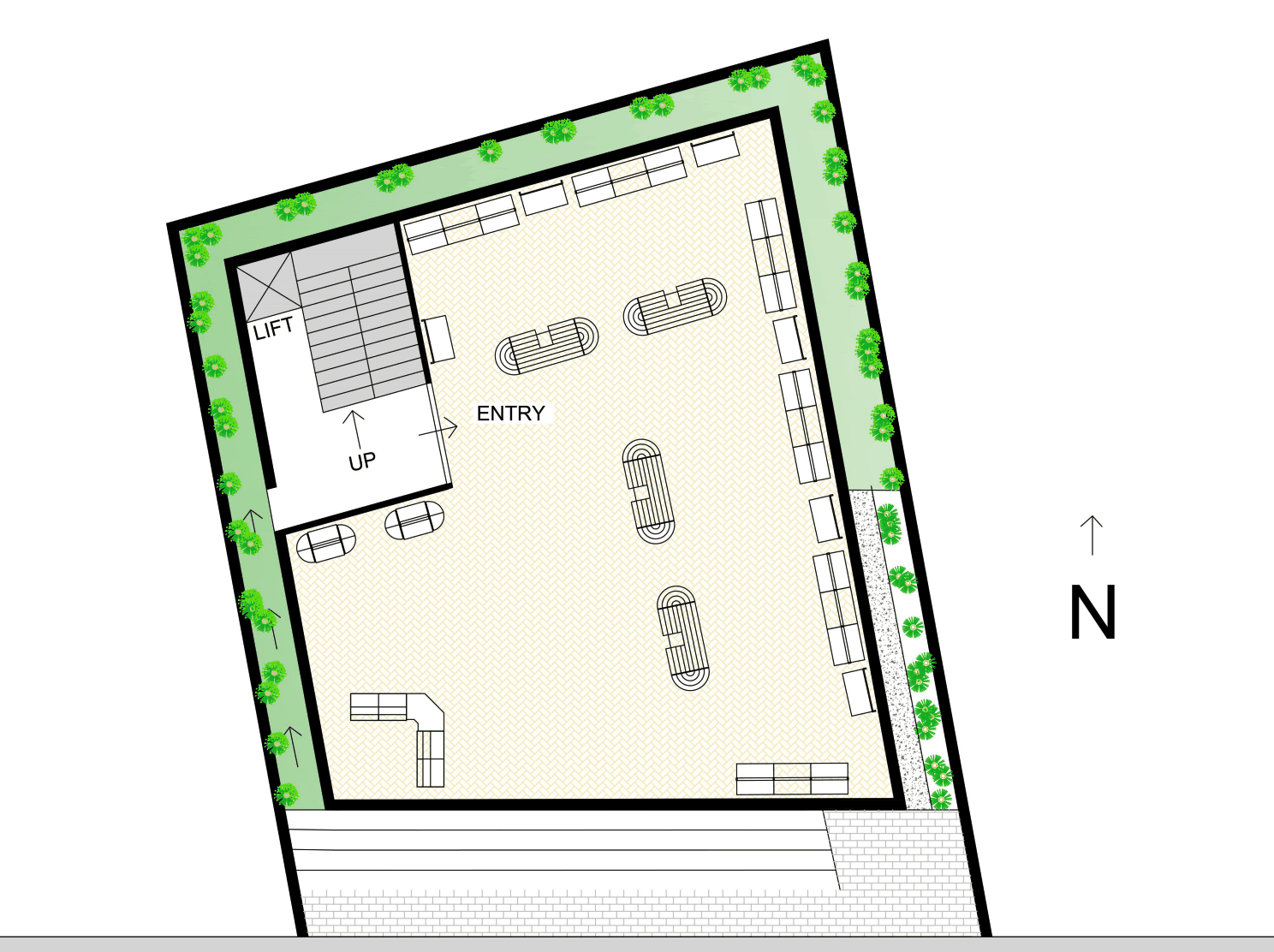 Deepaks Complex — ground floor retail plan with entry, lift and landscaped edge