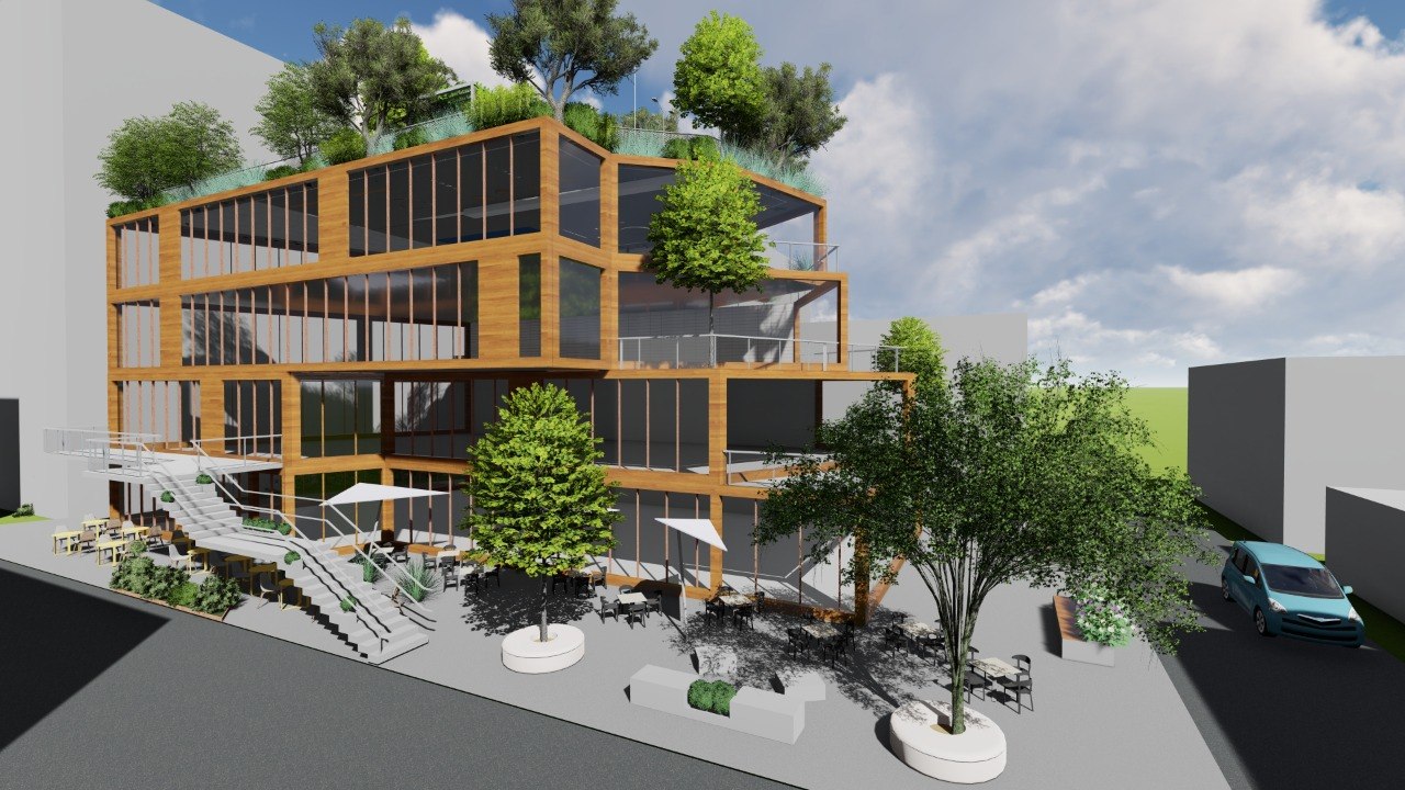 KMU Mixed Commercial — three-quarter elevation study with entrance stair