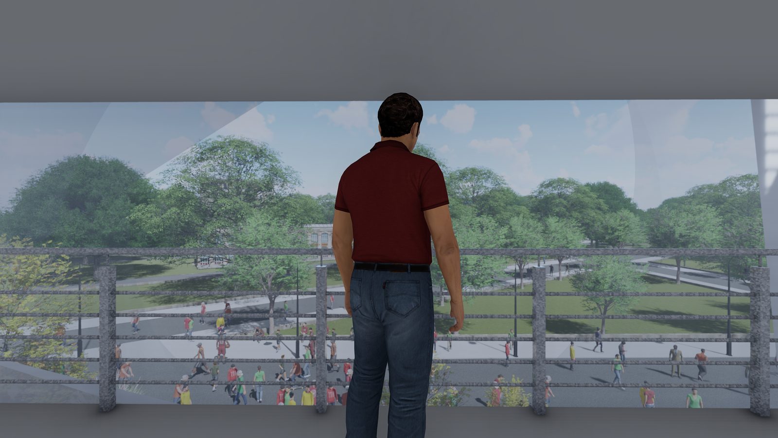 Adaptive Stadium — resident on a balcony overlooking the park, after the arena’s conversion to housing