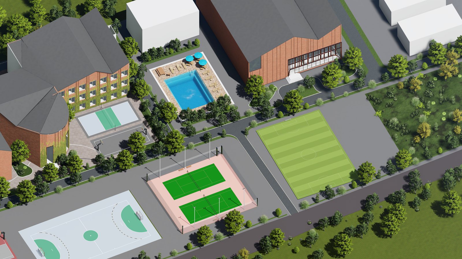 EDU Asia — aerial of pool, courts and playing field