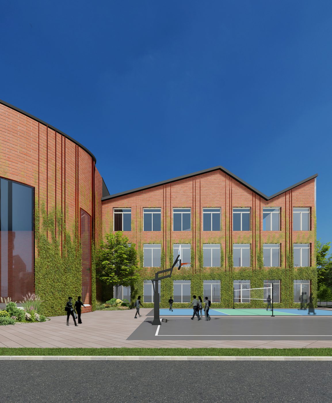 EDU Asia — sawtooth Erode brick façade over the play court