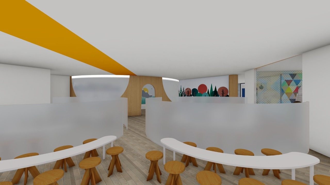Technopark Crèche — bright open crèche interior with curved tables and forest mural
