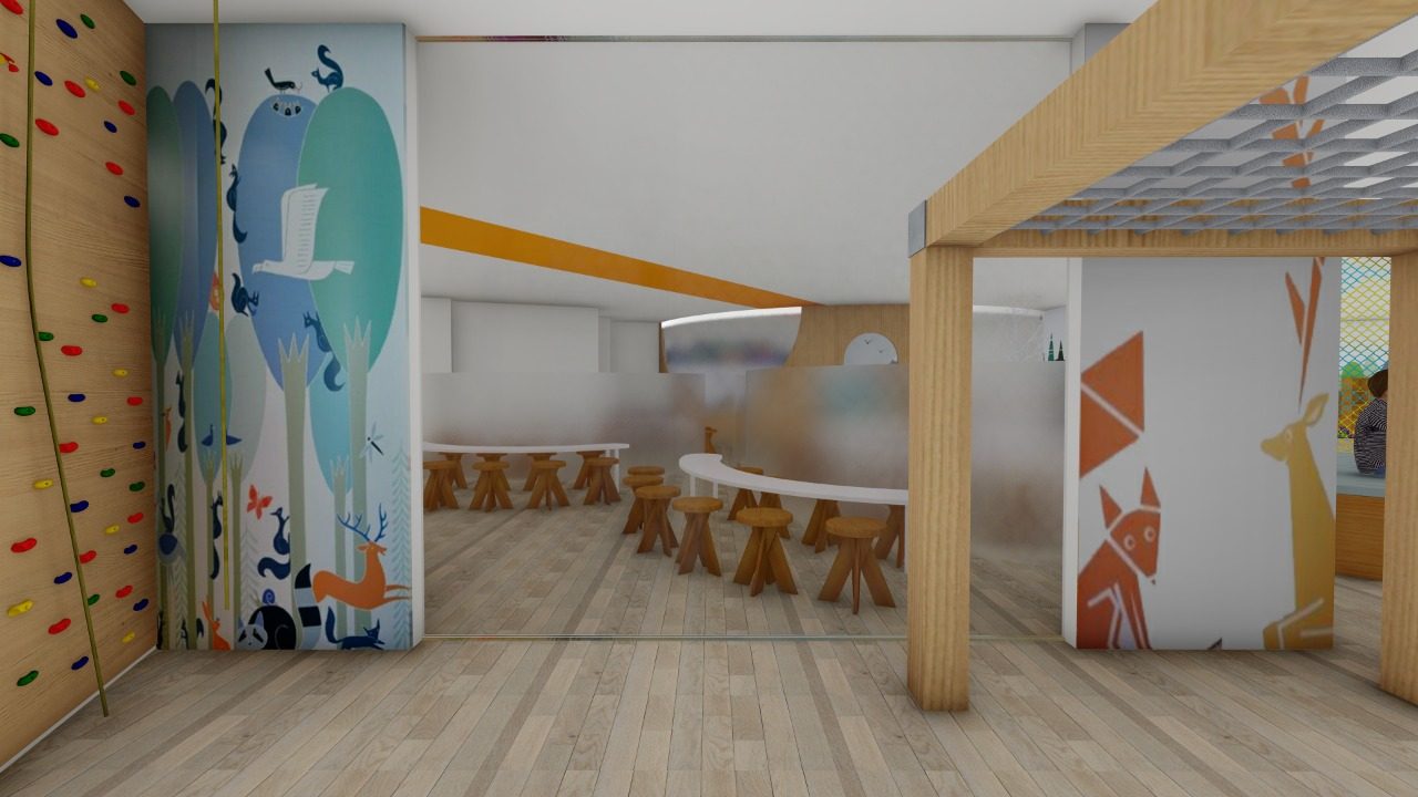 Technopark Crèche — activity zone with climbing wall and forest mural