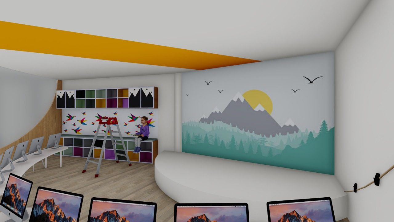 Technopark Crèche — discovery corner with screens and mountain mural