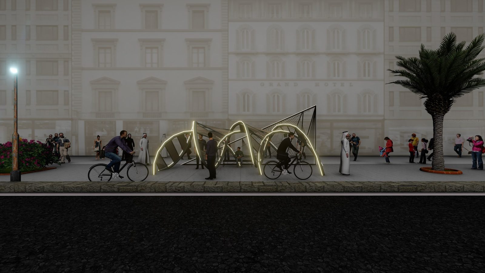 Bike Shelter glowing on a Dubai street at dusk