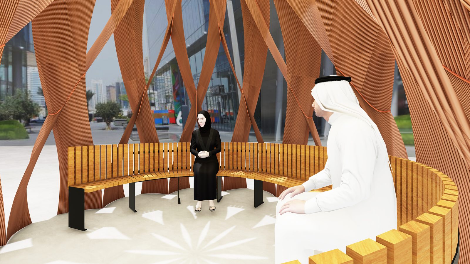 People seated within the timber petal canopy