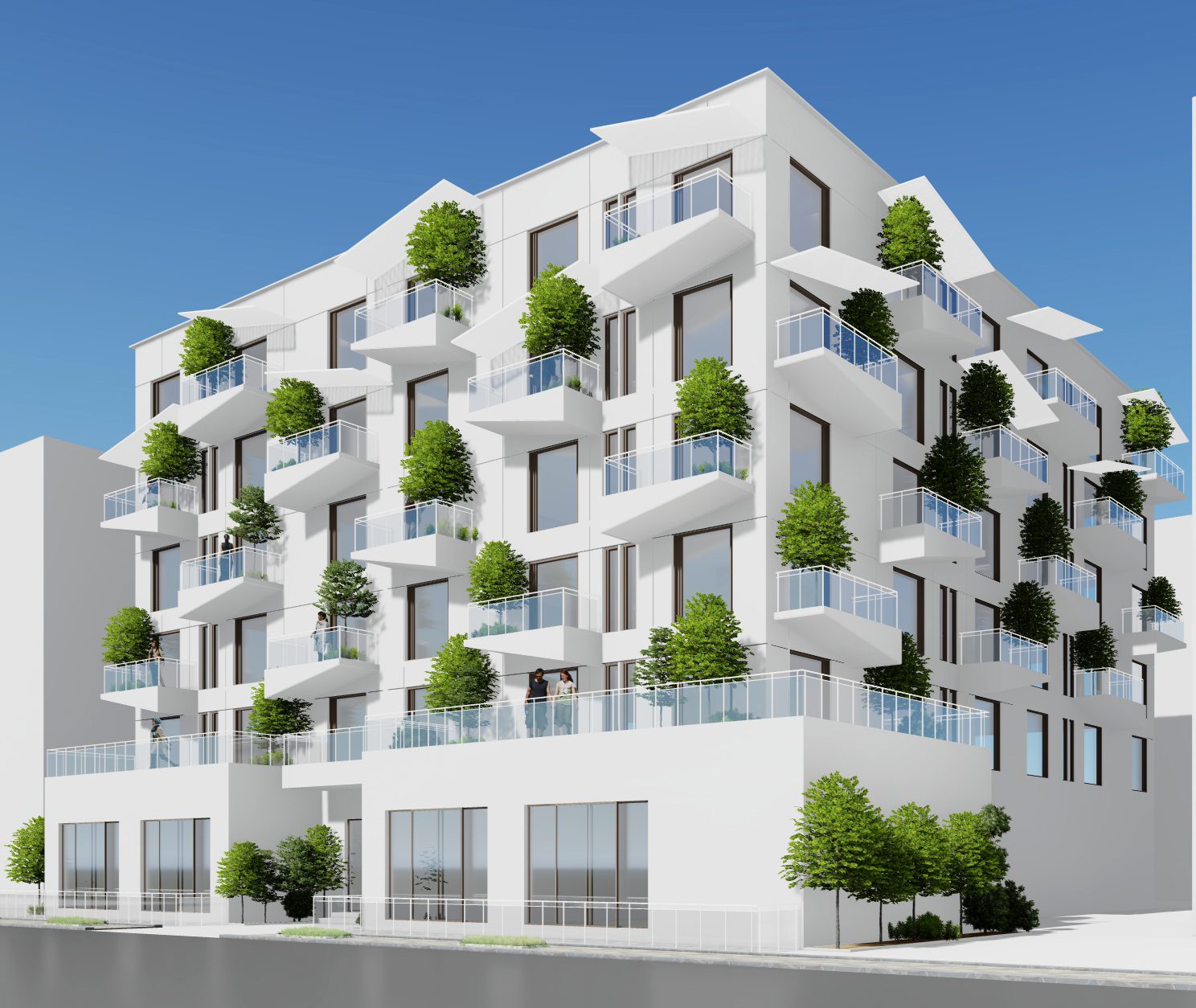 K-Apartments — white low-rise block with cantilevered planted balconies, corner street view