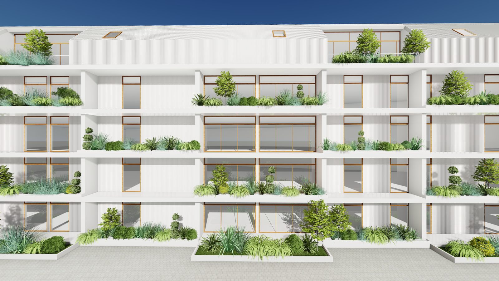 K-Apartments — long elevation with planted terraces and floor-to-ceiling glazing at every level