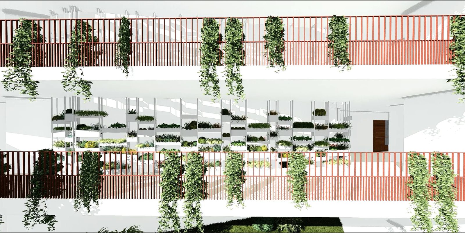 K-Apartments — interior planted atrium with terracotta railings and cascading greenery