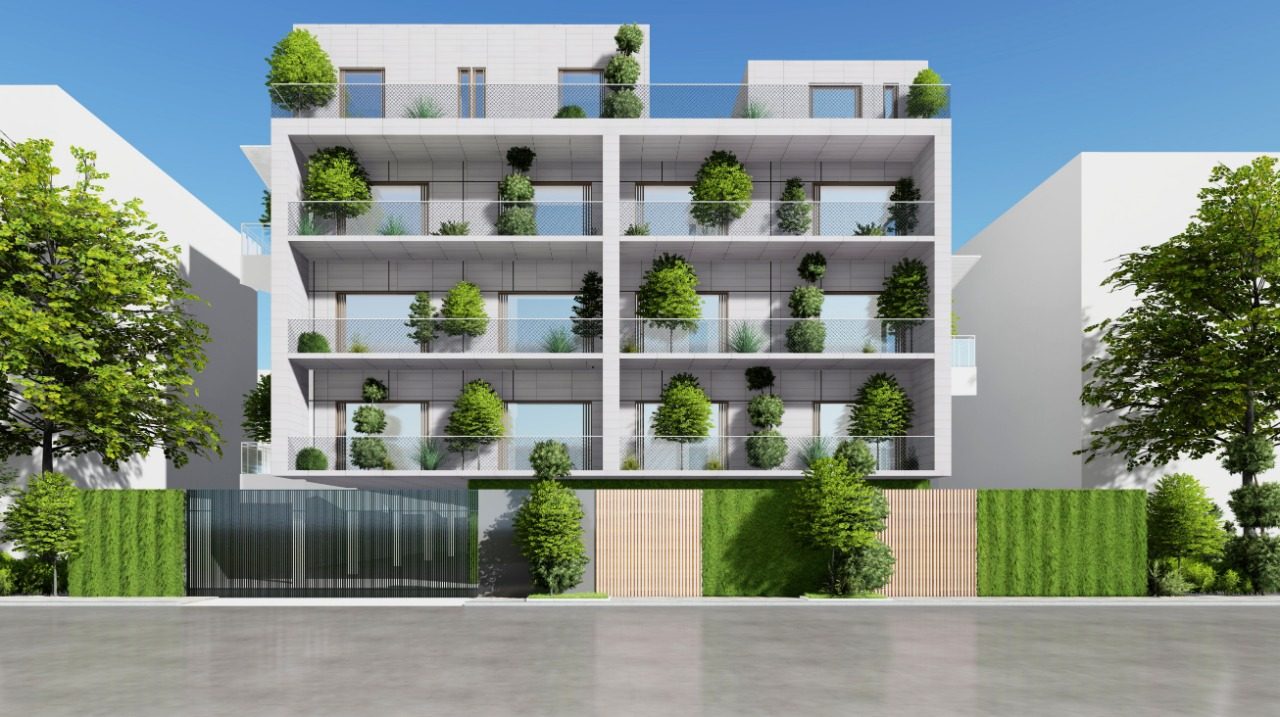 K-Apartments — clean frontal façade with stepped planted balconies