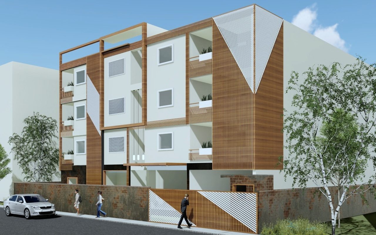 K-Apartments — three-quarter view with timber-screen and white volumes