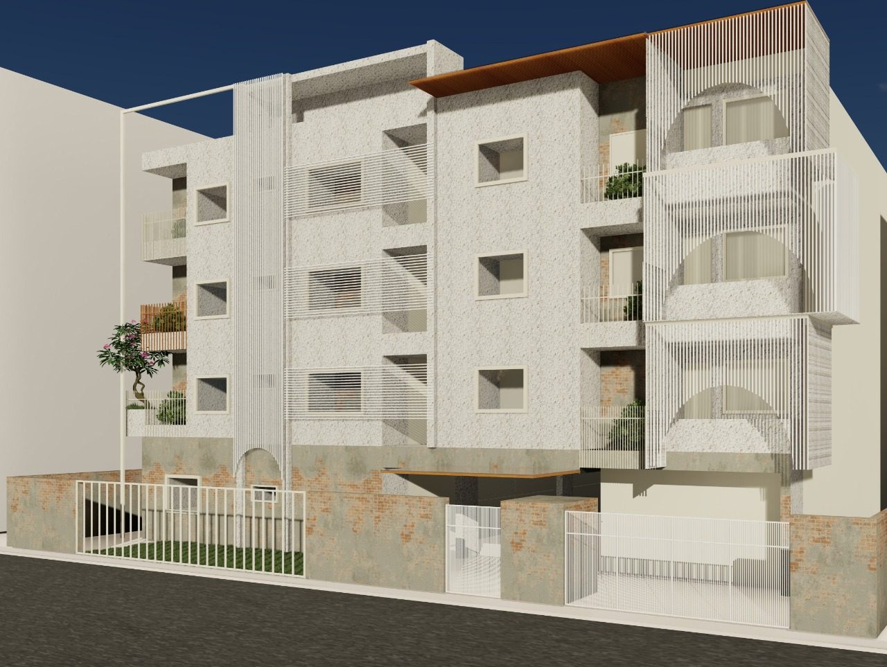 K-Apartments — textured stone façade option with vertical screens and arched balcony scrims