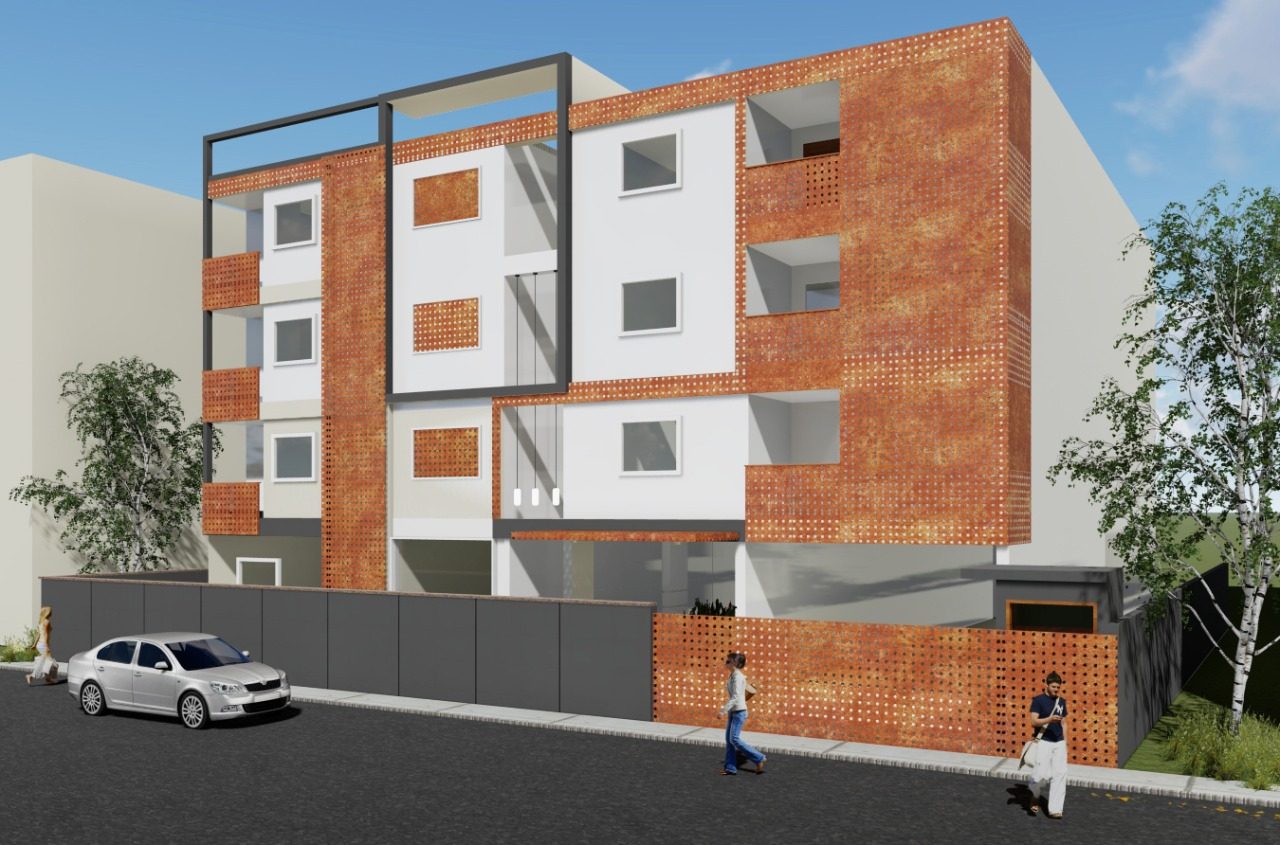 K-Apartments — perforated terracotta screen façade, daytime street view