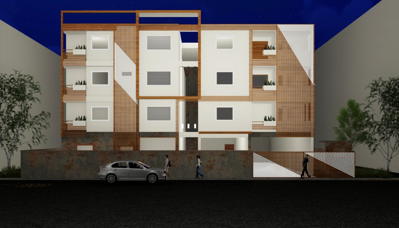 K-Apartments — timber-screen street elevation at night