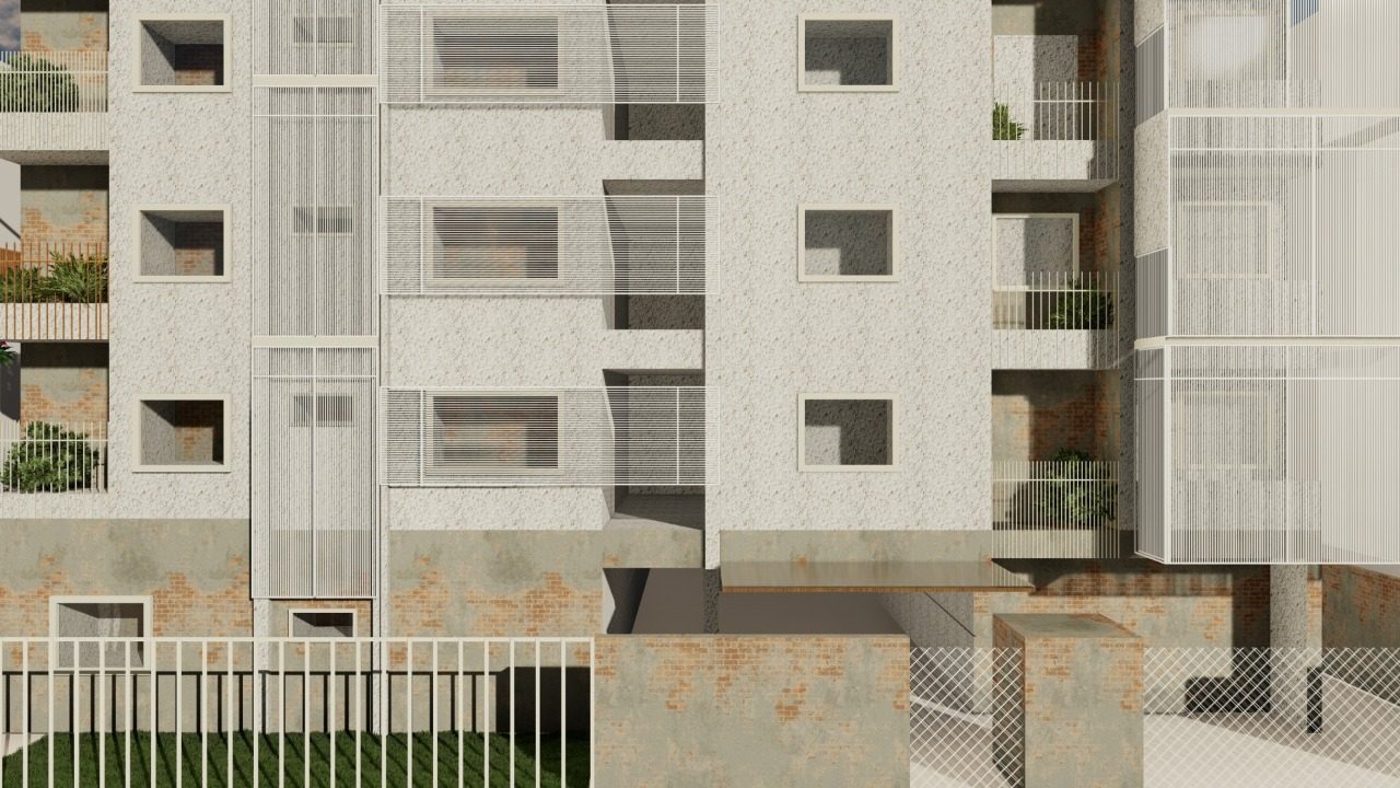 K-Apartments — close-up of textured façade with recessed windows and screens