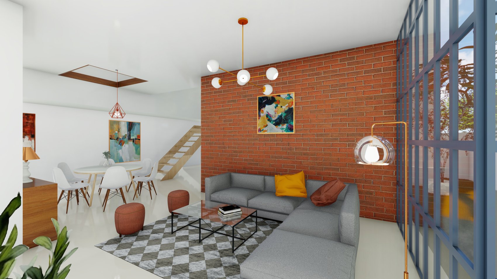Jacob Residence — living and dining area with brick accent wall