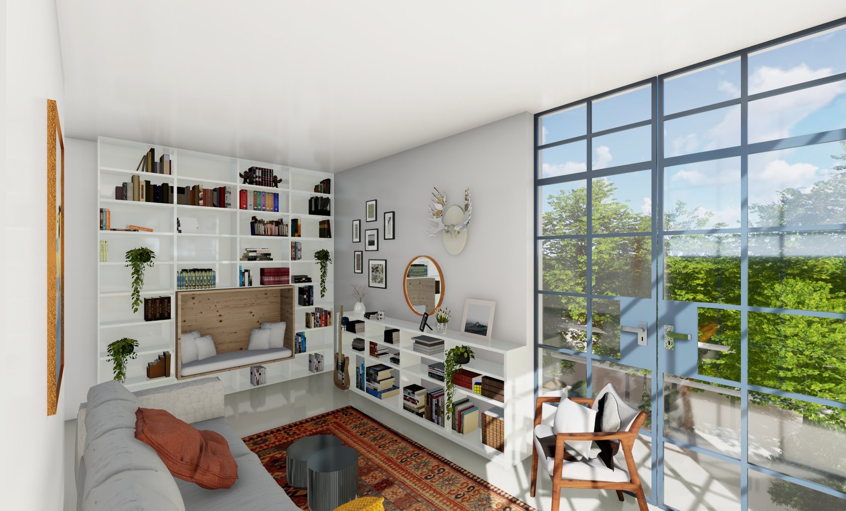 Jacob Residence — built-in reading nook with glazed door to garden
