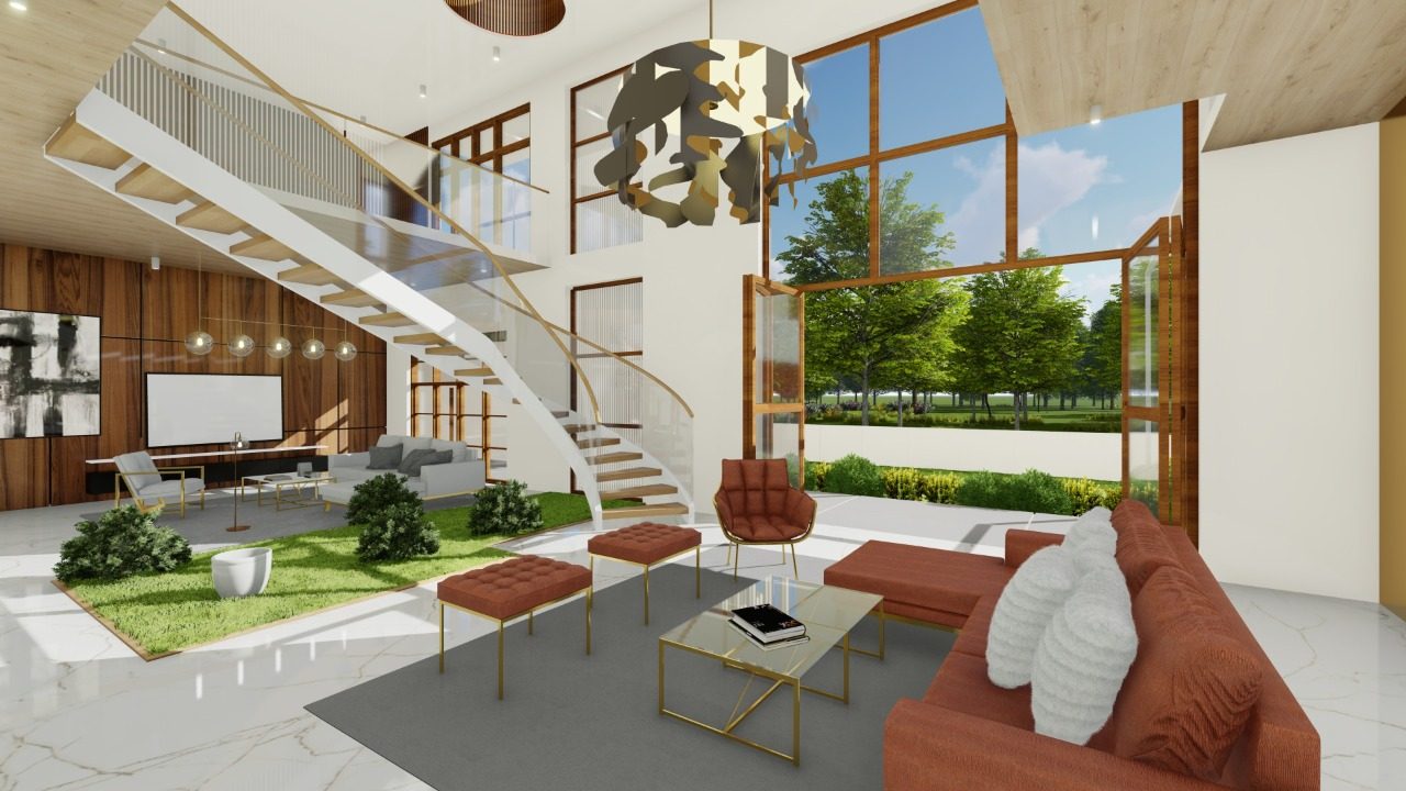 Vasu Residence — double-height living with sculptural staircase and indoor garden opening to the lawn
