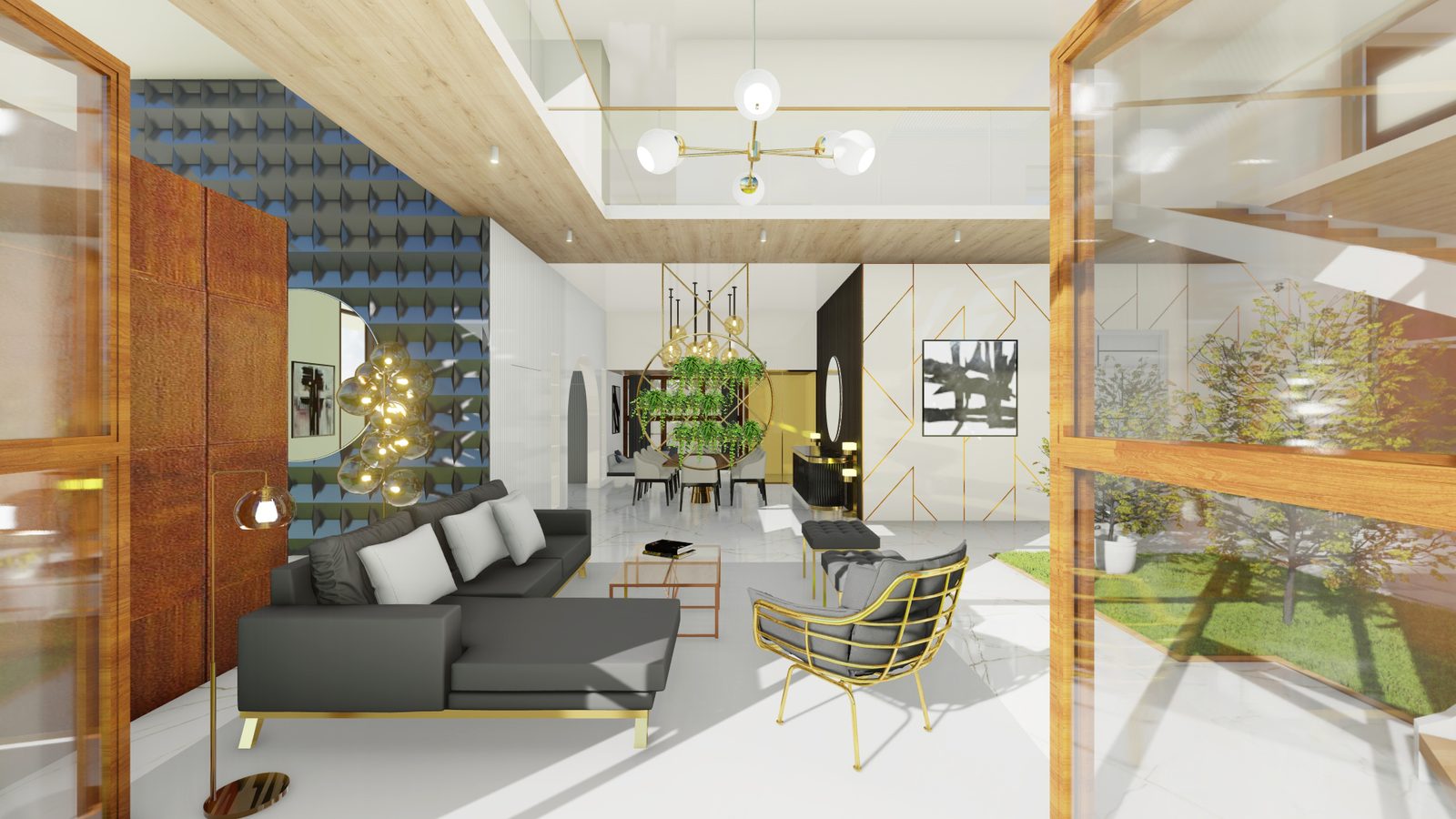 Vasu Residence — open interconnected living and dining with textured feature walls