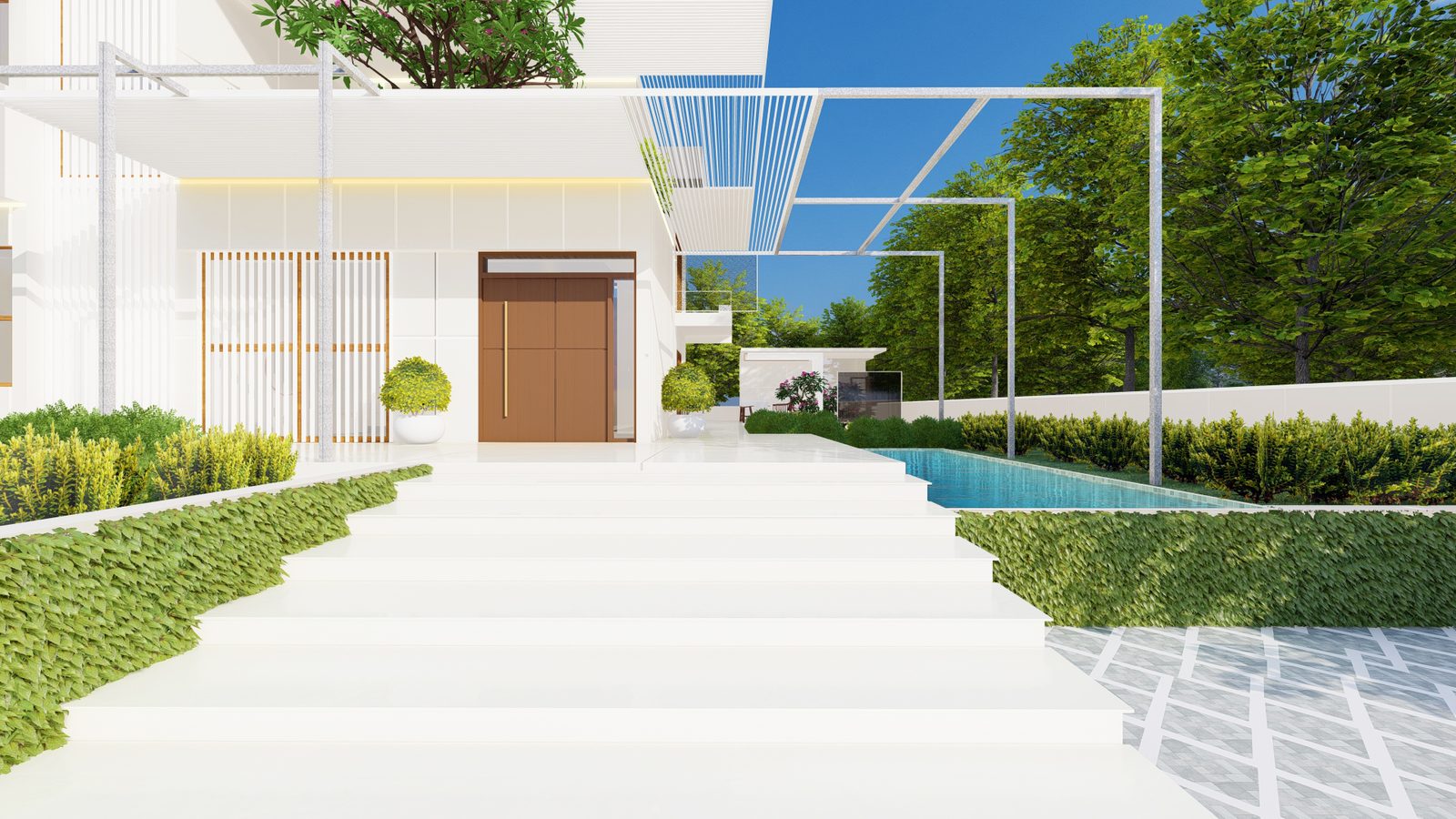 Vasu Residence — entrance verandah with shading pergola, hedged gardens and lap pool