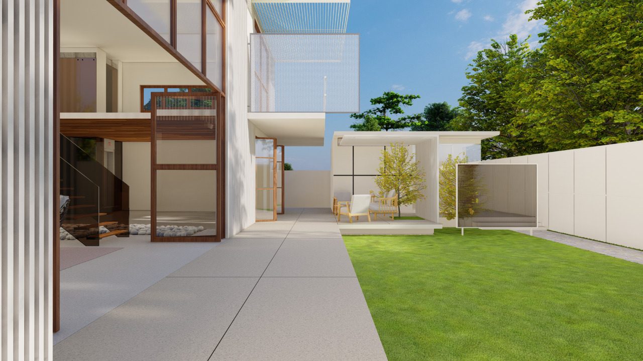 Vasu Residence — garden gazebo and lawn with covered verandah seating
