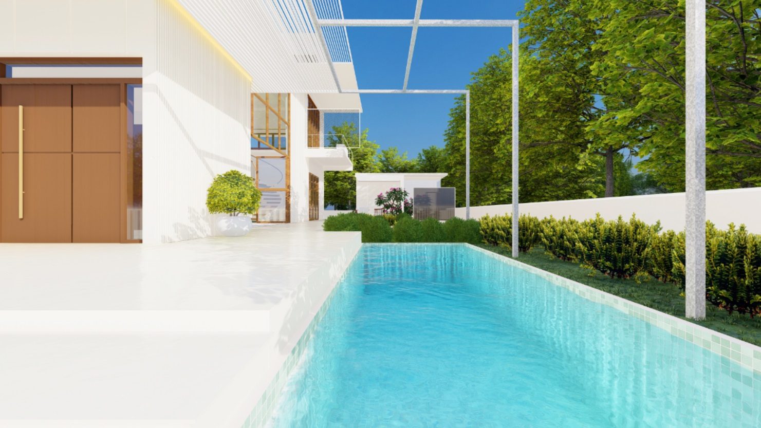 Vasu Residence — lap pool framed by hedges and trees alongside the house