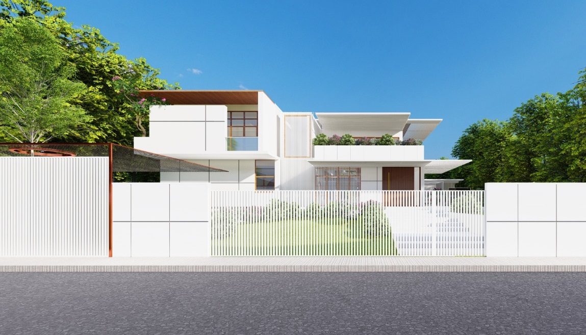 Vasu Residence — white contemporary elevation seen from the street behind a slatted gate
