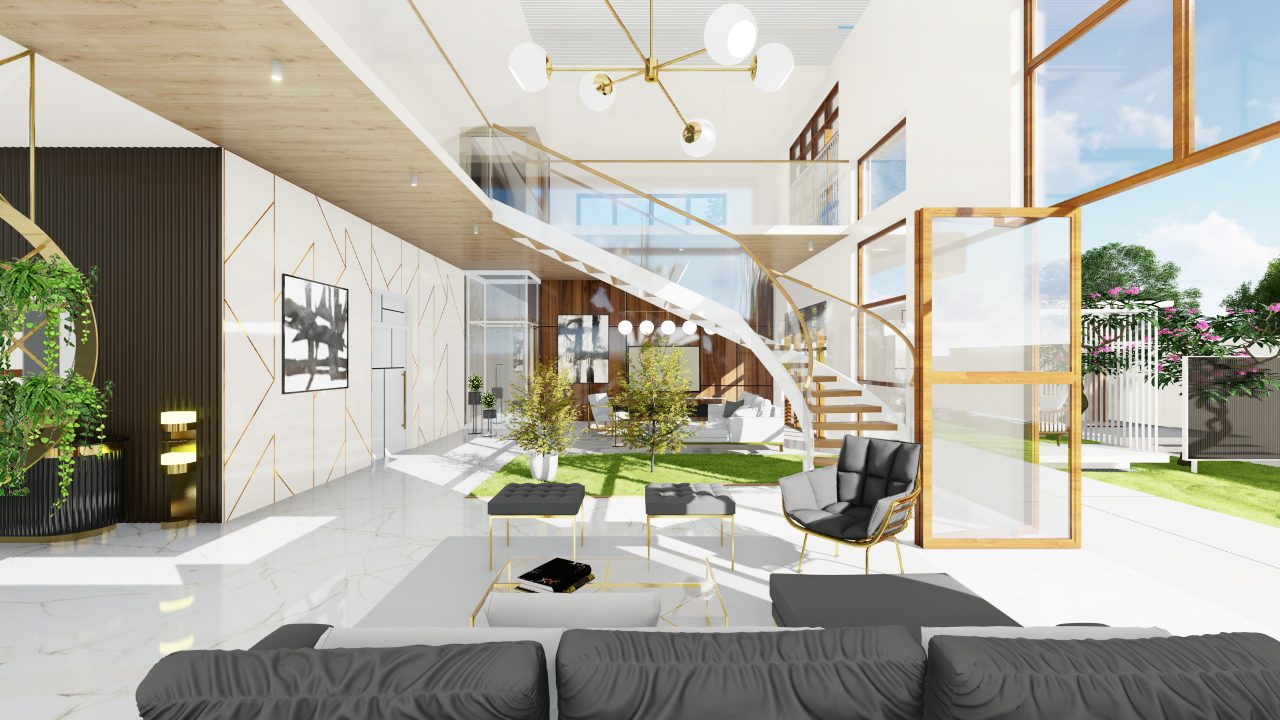 Vasu Residence — double-height living with curved staircase and central indoor garden