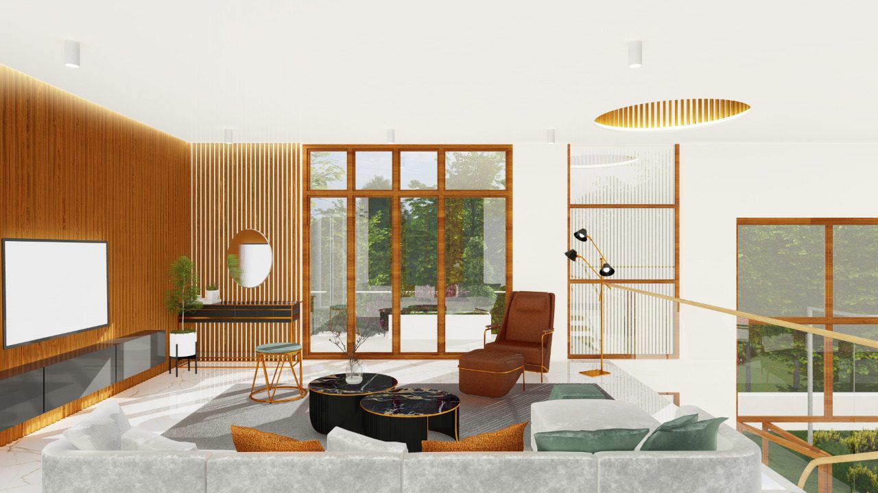 Vasu Residence — family lounge with slatted media wall and garden-facing glazing