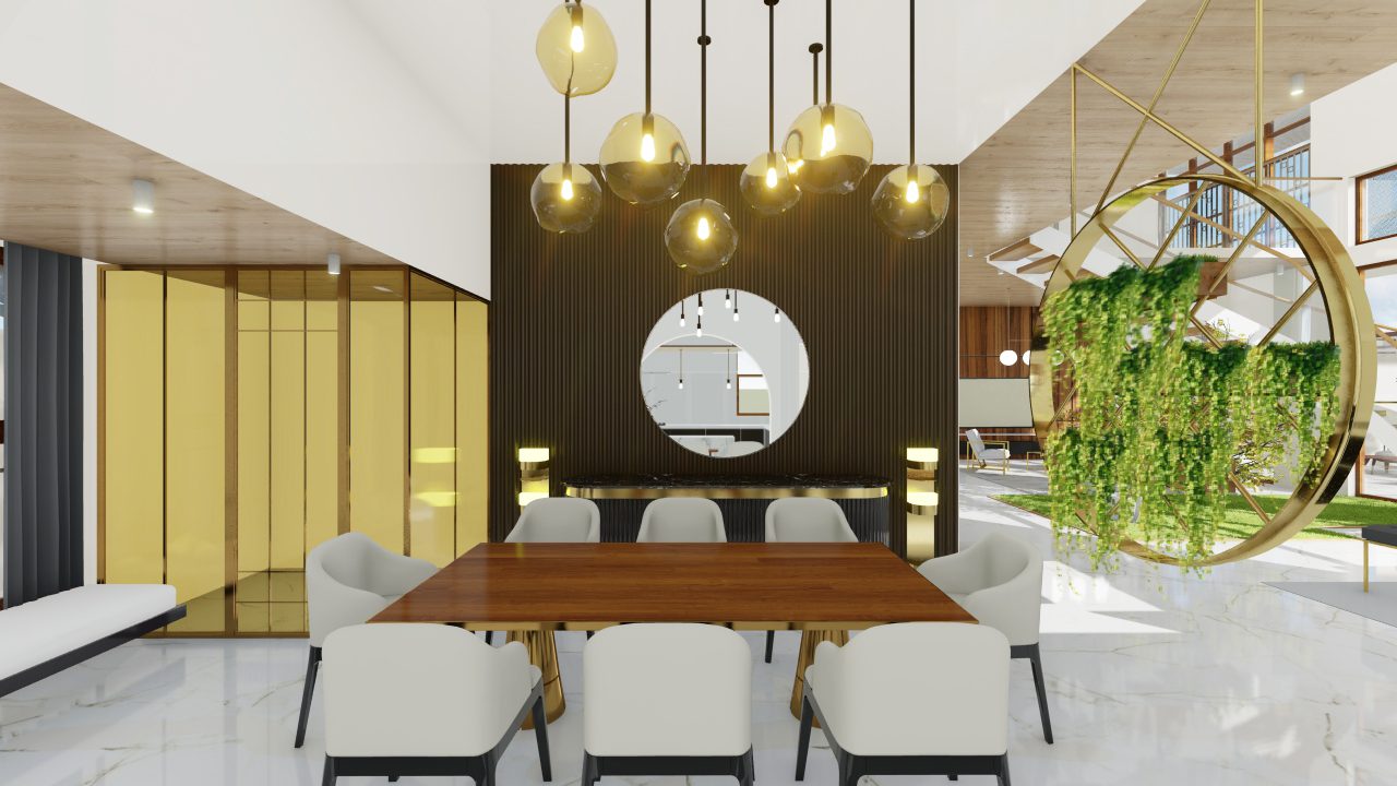 Vasu Residence — dining area with cluster pendants, round mirror and circular planter feature