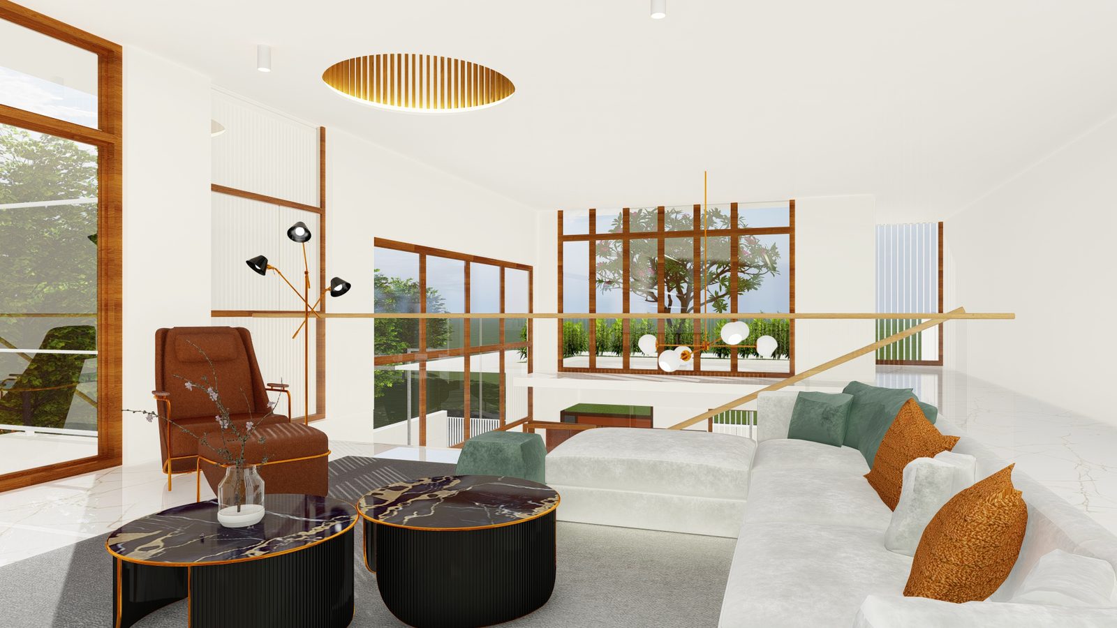Vasu Residence — upper lounge with marble tables and clerestory garden views