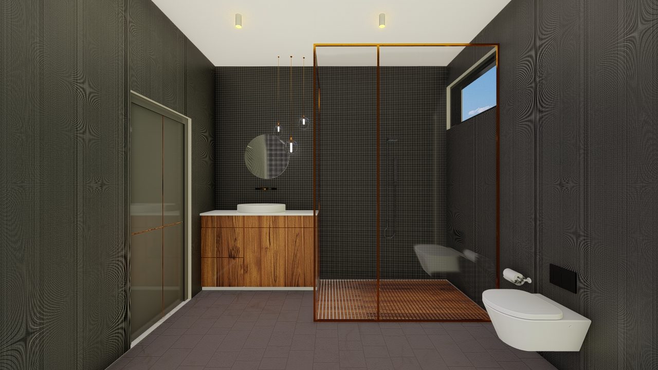 Vasu Residence — bathroom with dark tiling, timber vanity and glazed shower