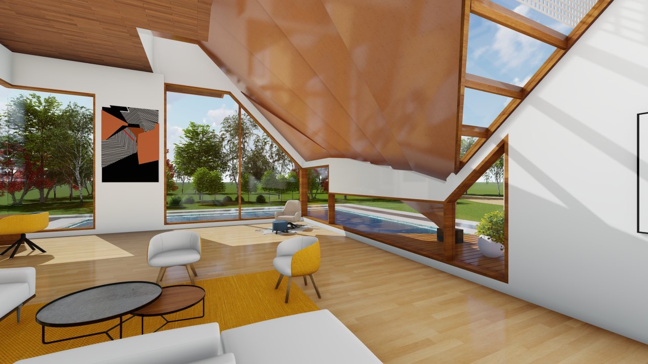 Blunt House — living space framed by a sloped timber ceiling with pool views