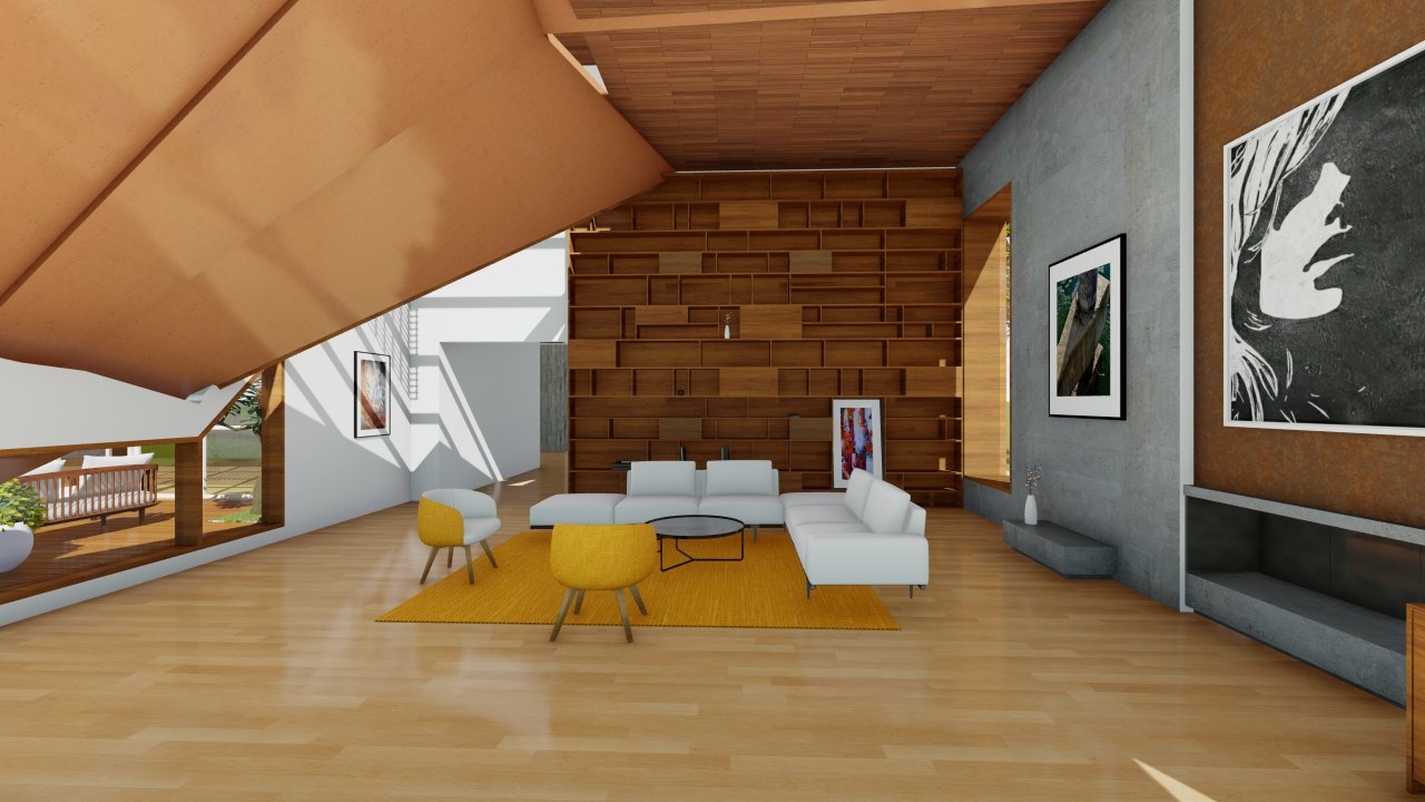 Blunt House — living room with a timber feature wall under a sculptural roof