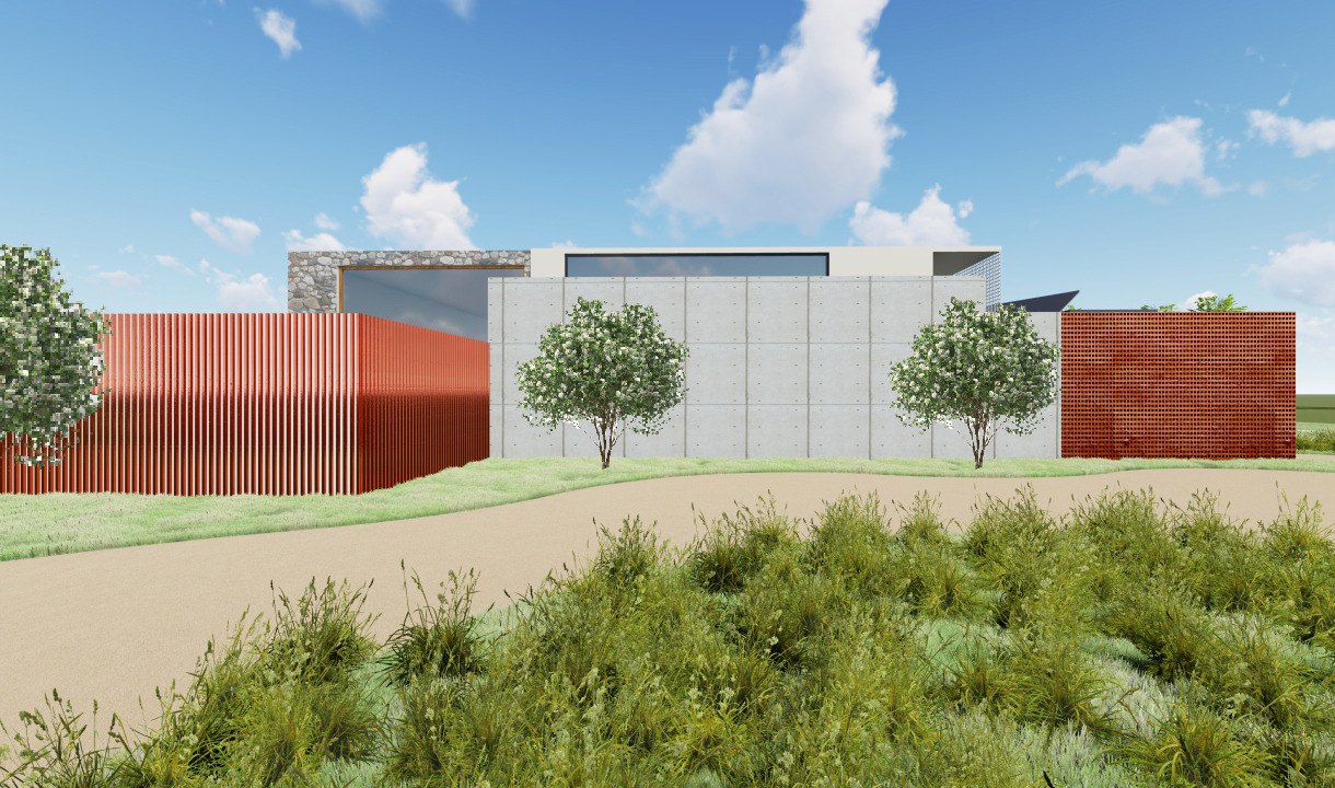 Blunt House — concrete and terracotta-screen elevation seen from the approach