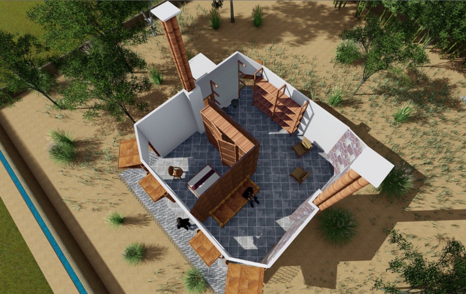 Aerial cut-away of the home showing its rooms and verandahs