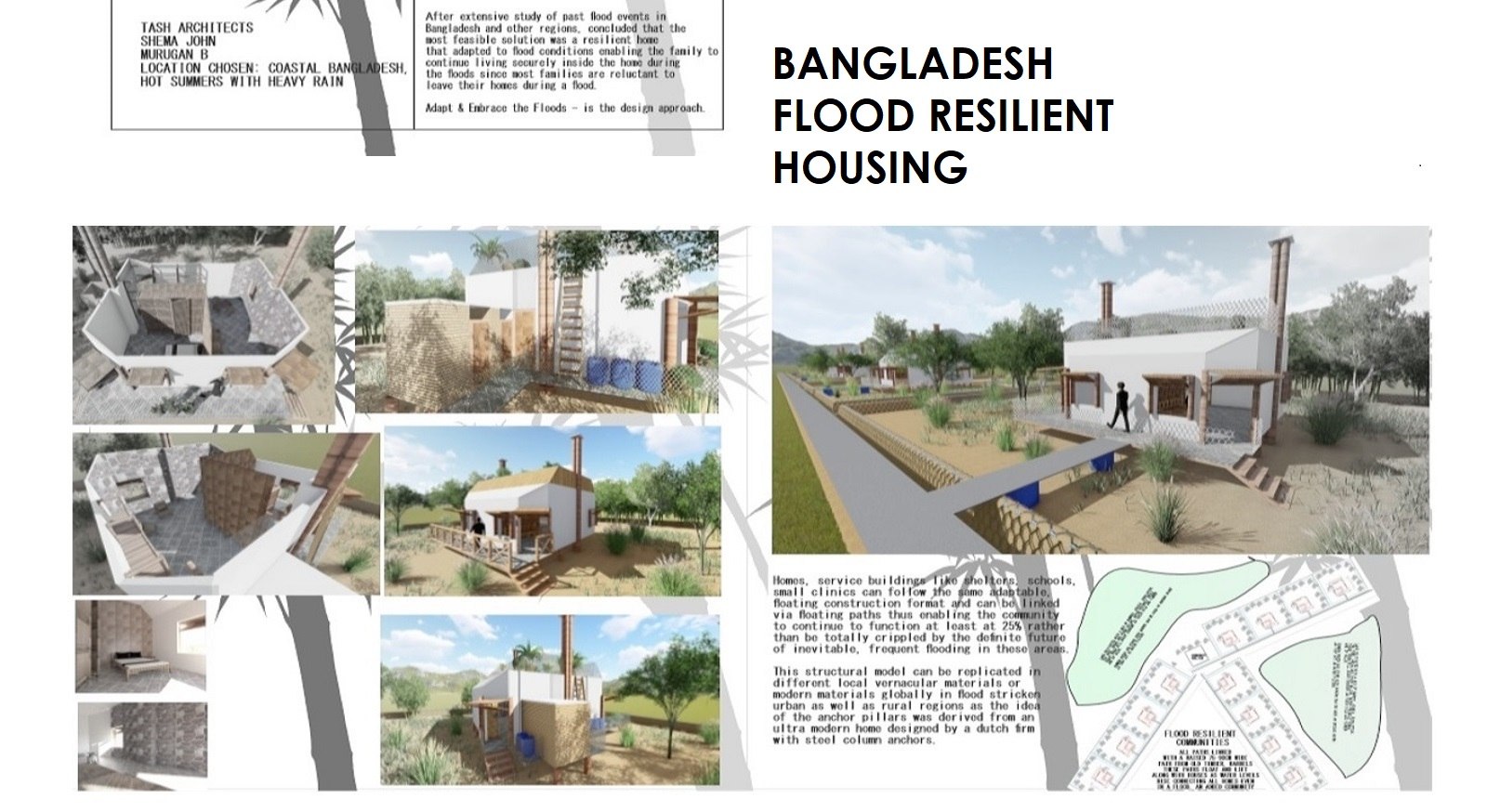 Overview board: homes linked by floating paths so the community keeps functioning during floods