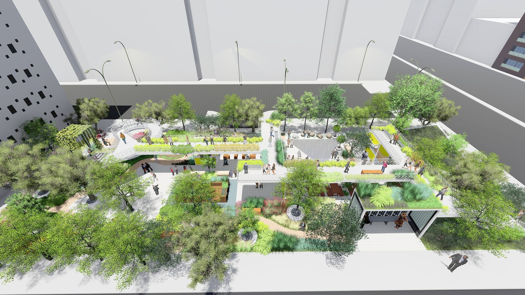 Cool Abu Dhabi — aerial view of planted median and elevated walkway