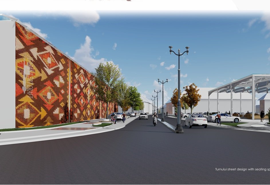 Sibiu — Turnului street design with seating and patterned wall