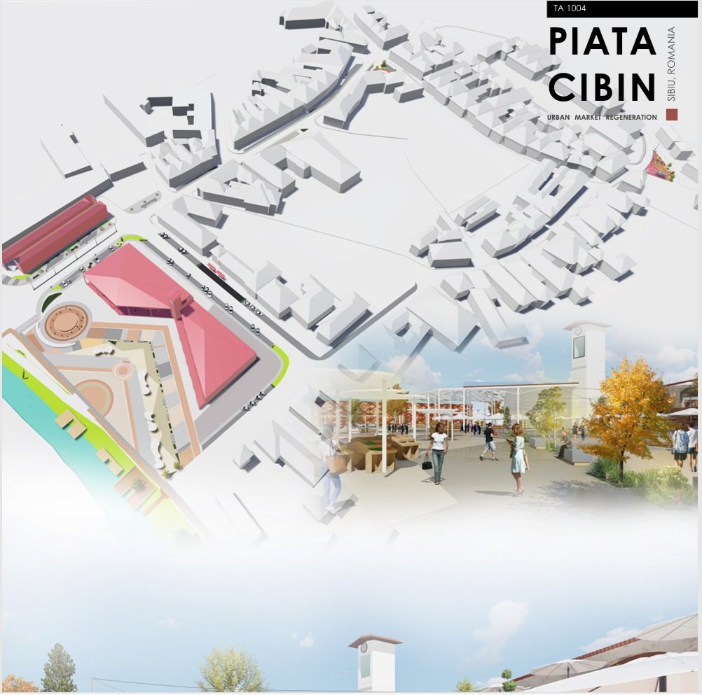 Sibiu — competition board with site massing and street render